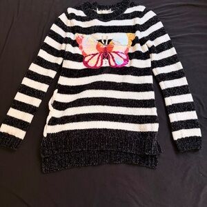 btween Black and White Striped Sweater with Colorful Butterfly